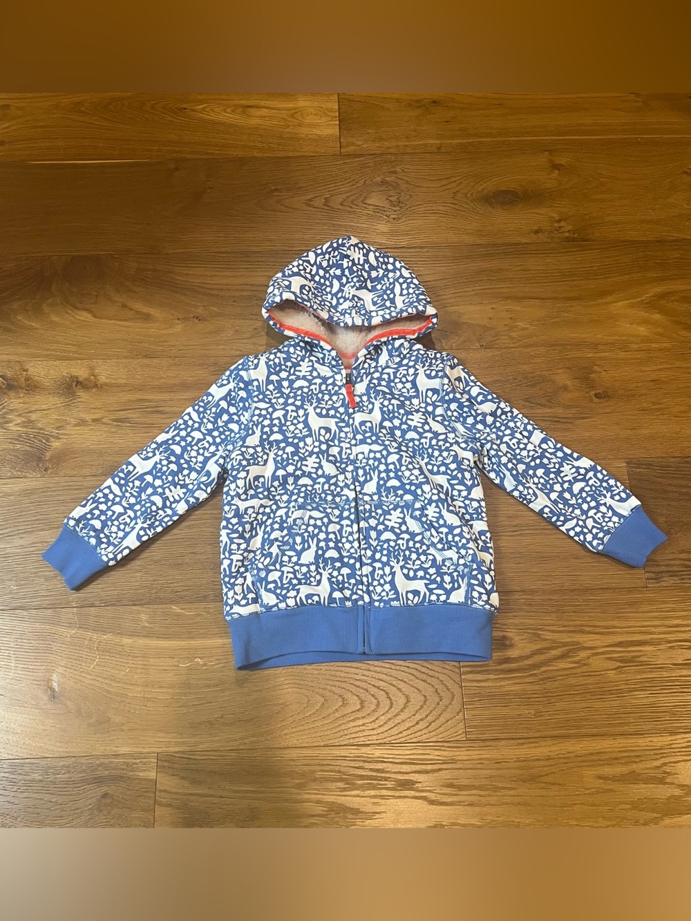 Boden Blue and White Woodland Friends Sherpa Lined Sweatshirt